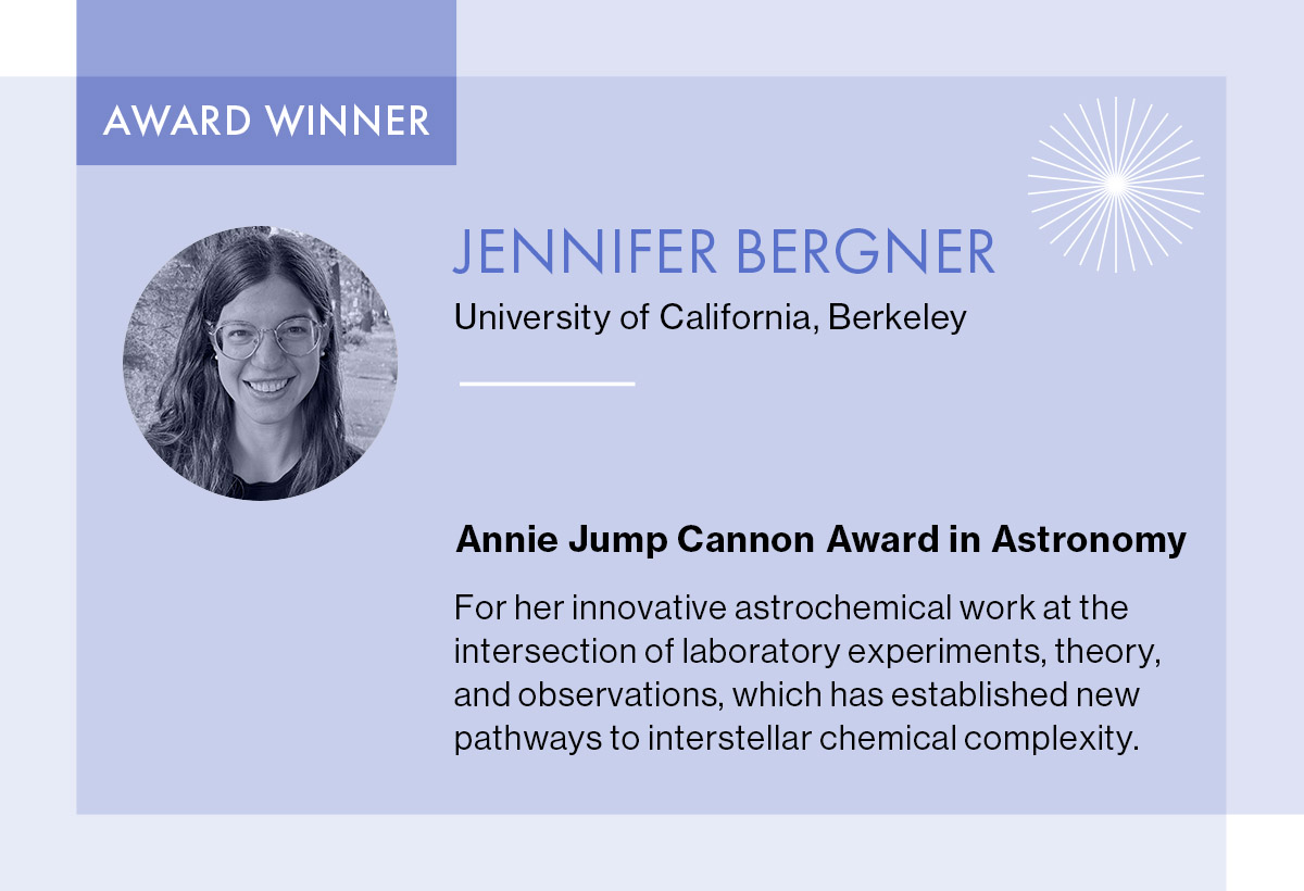 AAS_Office's tweet photo. This year's Annie Jump Cannon Award in Astronomy, for outstanding research and promise for future research by a female researcher within five years after earning her PhD, goes to Jennifer Bergner (@UCBerkeley). https://t.co/aGducvaQrI https://t.co/7gIO8Tlg1I
