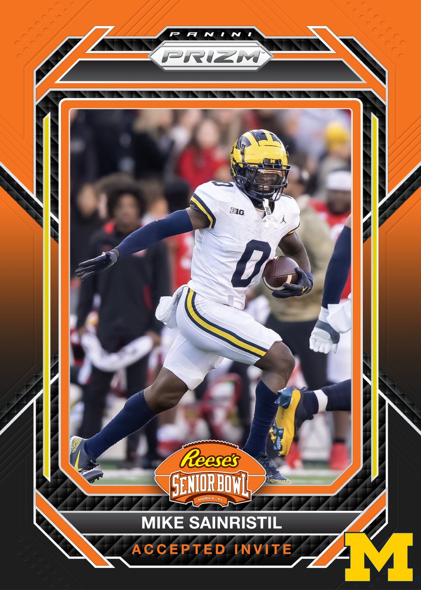 seniorbowl's tweet photo. OFFICIAL! DB Mike Sainristil @MikeSainristil from @UMichFootball has accepted his invitation to the 2024 Reese's Senior Bowl! #GoBlue #TheDraftStartsInMOBILE™️ 

@JimNagy_SB @PaniniAmerica #RatedRookie https://t.co/51fUZkYPW7
