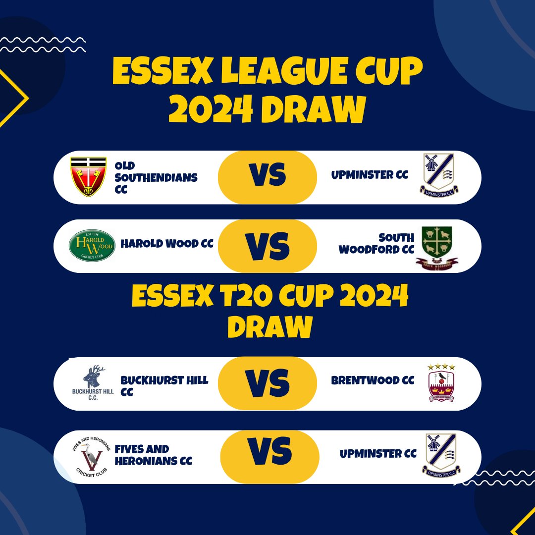 Essex League Cup and Essex T20 Draws. 

We play away to <a href="/OSSCC_1983/">OS&SCC</a> with the winner playing either <a href="/HaroldWoodCC/">Harold Wood CC</a> or <a href="/southshed/">South Woodford CC</a> in Round 2. 

T20 action against <a href="/FHCC2015/">Fives & Heronians CC</a>, the winner will progress against <a href="/BuckhurstHillCC/">Buckhurst Hill Cricket Club</a> or <a href="/Brentwood_cc/">Brentwood Cricket Club</a>