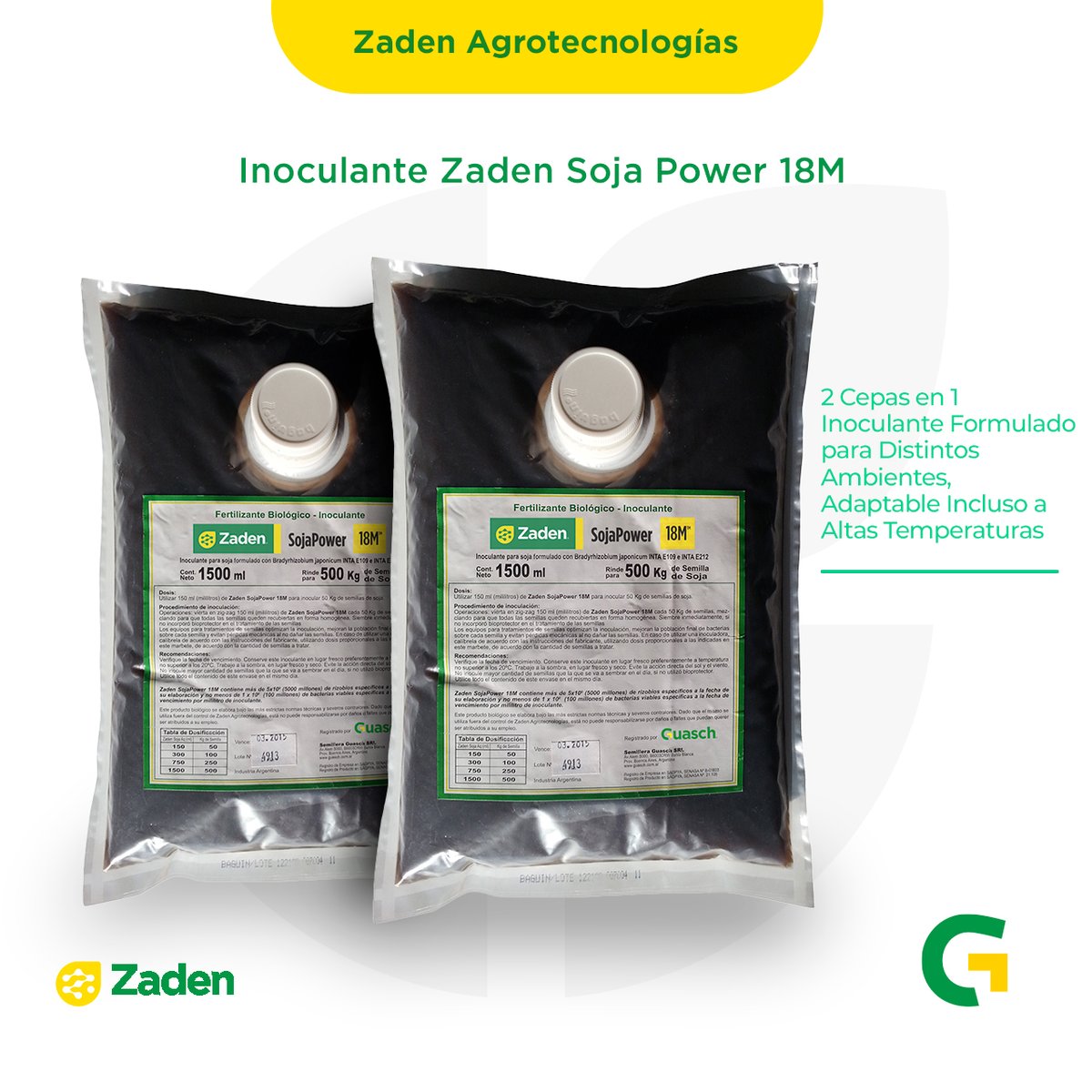 GuaschComAr's tweet photo. ¡Zaden® SojaPower 18M™: ¡Más power, menos problemas para tus semillas de soja! 🌱💥
Descubrí el combo ganador con la combinación única de las cepas INTA E109 y E212 de Bradyrhizobium japonicum. 
🔗 Te invitamos a visitar nuestro sitio web 
https://t.co/6kIgT1u7Pb https://t.co/xmNaeugm3o