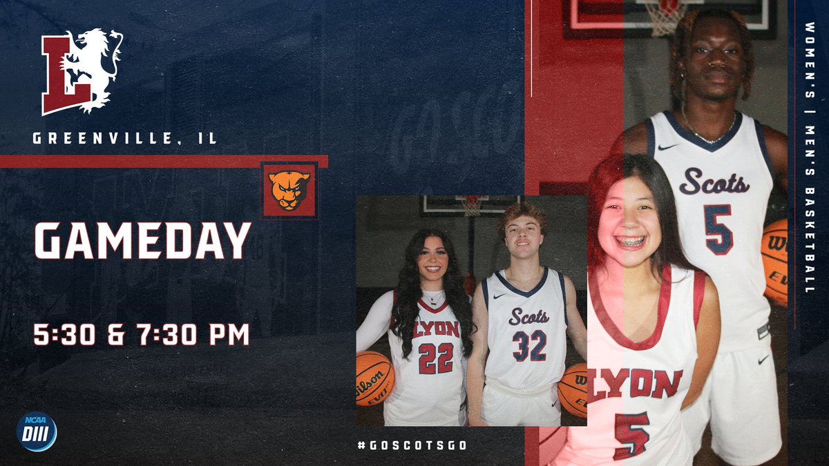 LyonAthletics's tweet photo. 🏀: Basketball Gameday

🆚: Greenville University
🗓:January 11th, 2024
📍: Greenville, IL
⏰: 5:30 &amp; 7:30 PM
🎥: https://t.co/8YdsiJAvAT
👧📰: https://t.co/STft3IiPlm
👨📰: https://t.co/QyRZQz0SRl

#GoScotsGo⚔️ https://t.co/IA6oku8Hif
