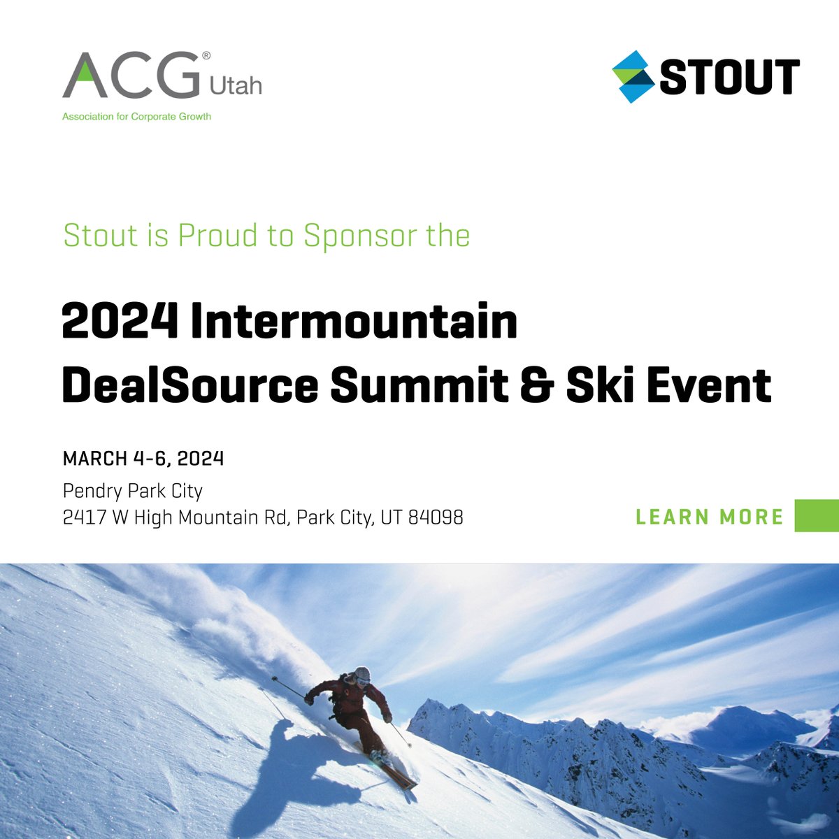 Stout is thrilled to sponsor ACG Utah's 2024 Intermountain DealSource Summit & Ski Event! Join us at Stout's DealSource Lounge table for insightful conversations and networking opportunities. Learn more here: bit.ly/3tJCXkV
