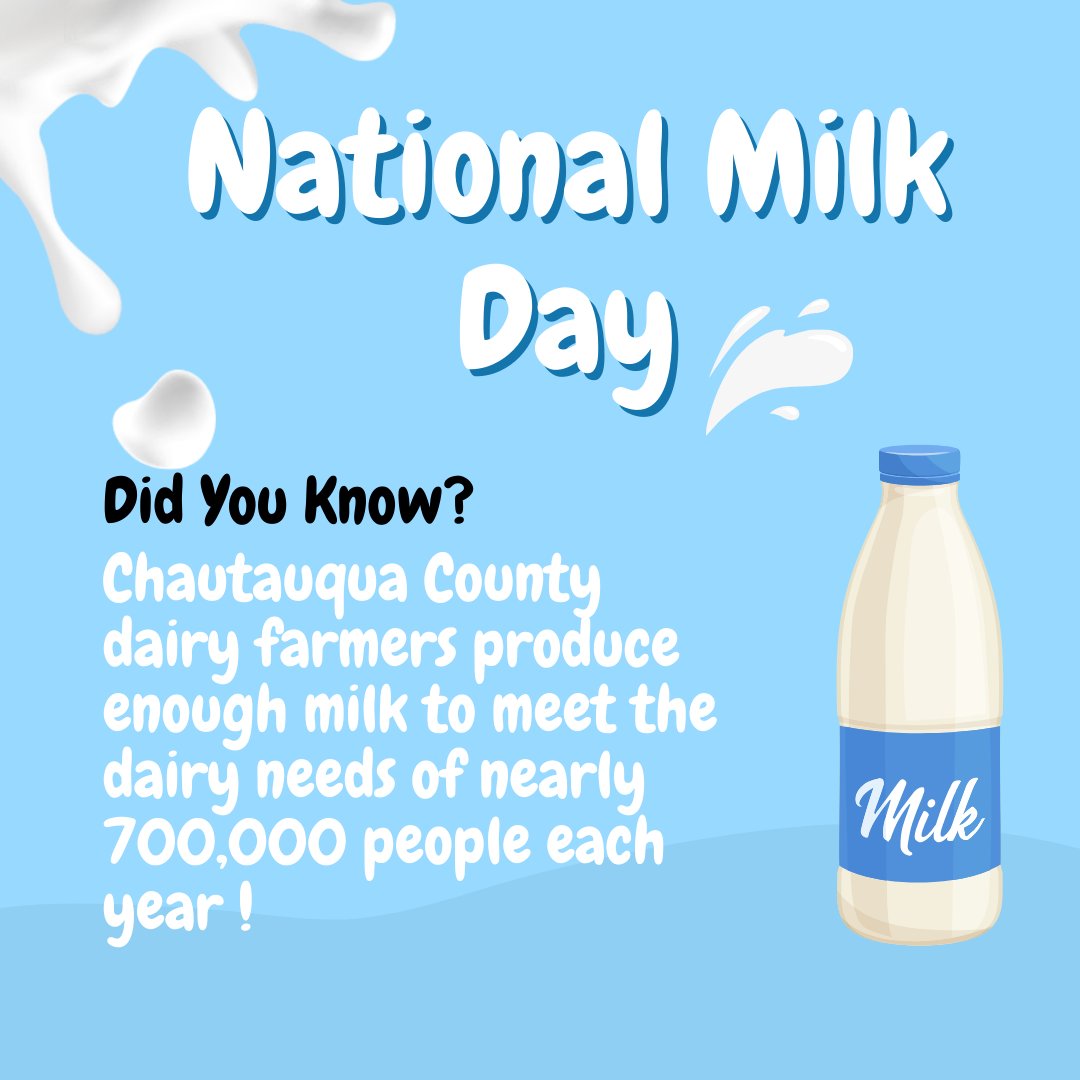🥛 Happy National Milk Day! 🐄 Let's raise a glass to Chautauqua County's hardworking local dairy farmers who bring us the freshest and finest milk.  🌿🚜 
#NationalMilkDay #SupportLocalFarmers #ChautauquaDairy #LocalDairy #ChautauquaCounty #CCPEG #EconomicDevelopment #LiveCHQ