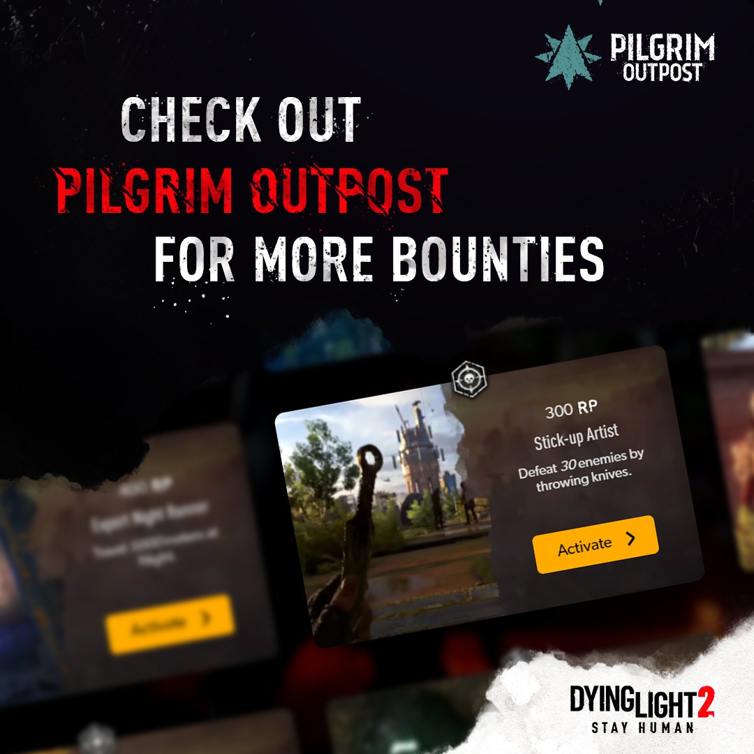 DyingLightGame's tweet photo. Ready to collect your bounties? Check out Pilgrim Outpost to find the ones that are perfect for you. 
🔗  https://t.co/iw1i5Q5J3I https://t.co/iOjDuBYKt8