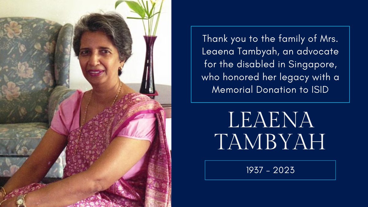 ProMED_mail's tweet image. We are privileged to share that the family of Mrs. Leaena Tambyah, an advocate for people with disabilities in Singapore, honored her legacy with a Memorial Donation to @ISID_org. Start 2024 by supporting our mission in infectious diseases today. #ProMED ow.ly/hnyJ50QpzmG