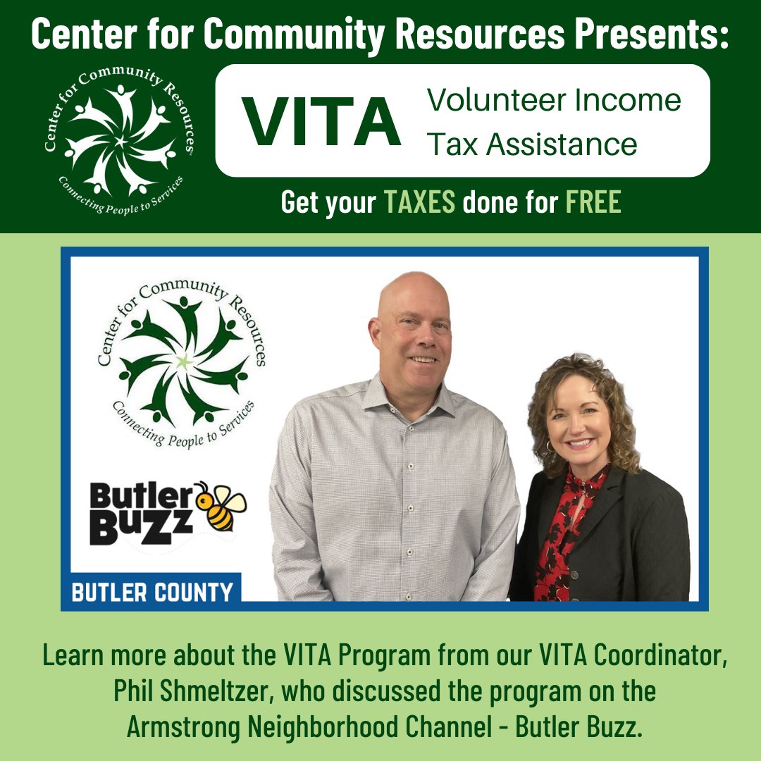 CCRforchange's tweet photo. VITA Coordinator, Phil Shmeltzer, sat down with Butler Buzz's Tricia Pritchard to discuss all things VITA. From becoming a Volunteer to our new phone number and locations, watch to learn more!

https://t.co/1otNAvhpXE

#ConnectingPeopleToServices #VITA #TaxSeason2024 #ButlerBuzz https://t.co/xyJaIgwuuq