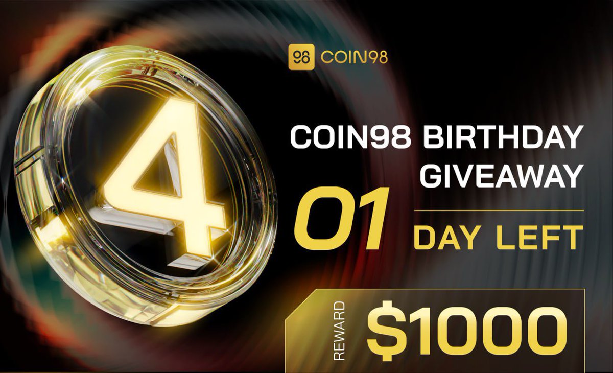 coin98_wallet's tweet photo. Time's ticking and the party is about to come to an end 🎉
Coin98 #4yearsforyou birthday party is only one day away from ending.
There's a $1000 reward waiting for you. Don't let the countdown reach zero before you get your chance!
Join us at:
🥳 Pool 1: https://t.co/xhFWCrKLBK
🥳 Pool 2: https://t.co/UfFPBXtLC1