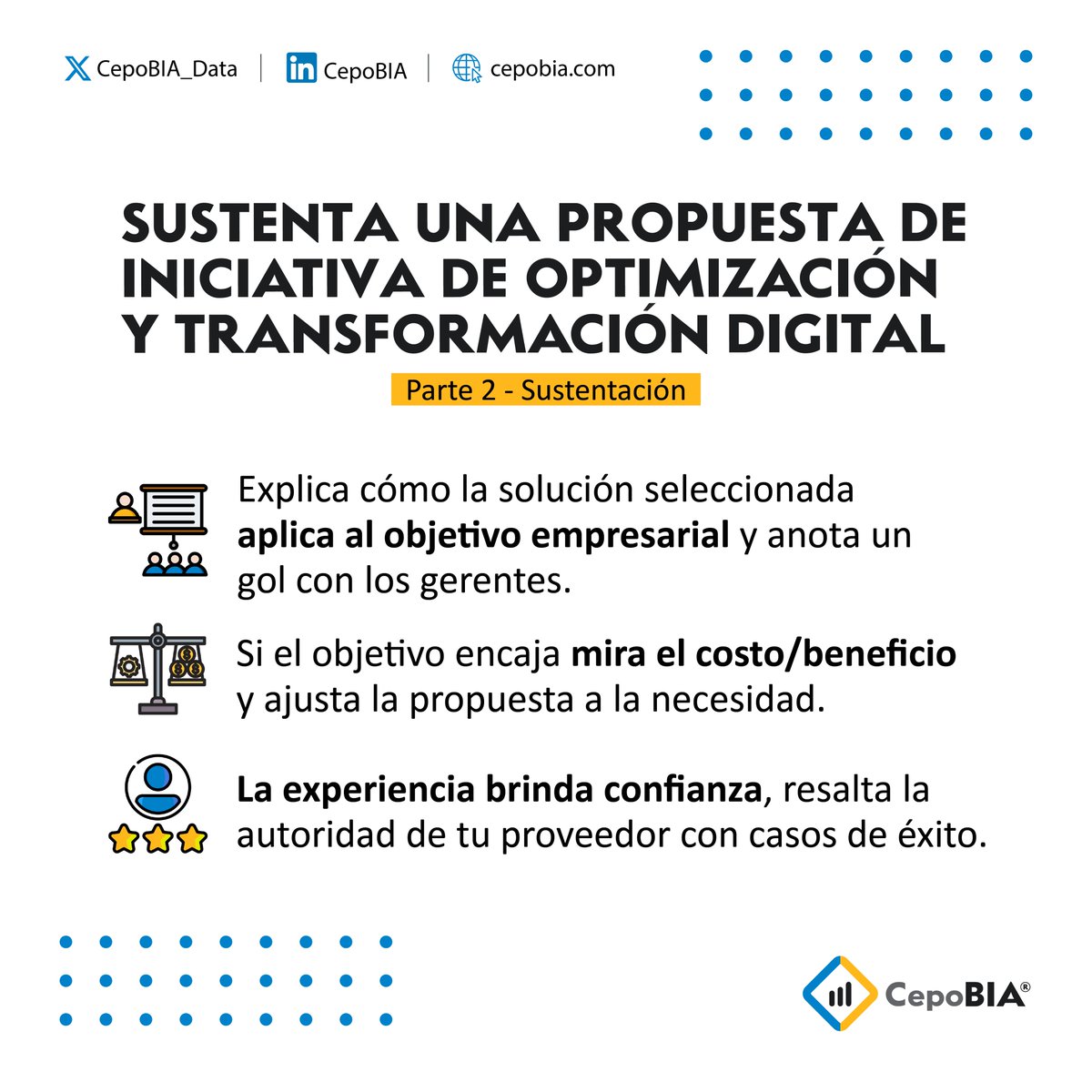 CepoBIA_Data's tweet photo. Después de haber encontrado al indicado y ajustar la propuesta hay que presentarla a los directivos, por eso toma en cuenta estos pasos para tener mayor confianza cuando hables de la solución propuesta
#TransformaciónDigital #ObjetivoEmpresarial #SoluciónBI #CasosdeÉxito https://t.co/stJi3sc3LS
