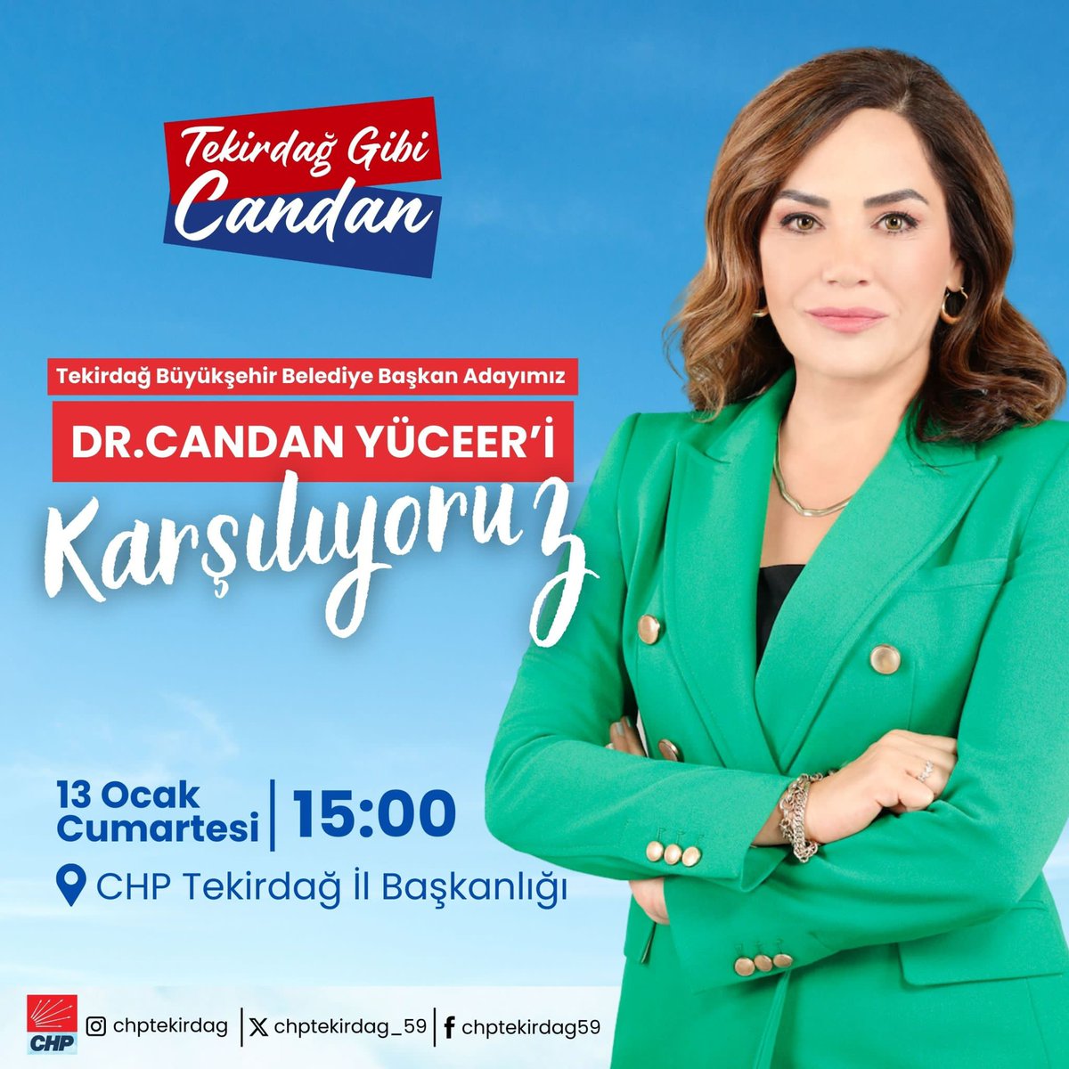 Partimizin Tekirdağ Büyükşehir Belediye Başkan Adayı Sayın Dr. Candan YÜCEER’i Tekirdağ İl Başkanlığı önünde coşkuyla karşılayacağız. 

Tüm hemşerilerimizi 13 Ocak Cumartesi günü 15.00’te Tekirdağ İl Başkanlığımıza davet ediyoruz.

#TekirdağGibiCandan #OlursaCandanOlsun