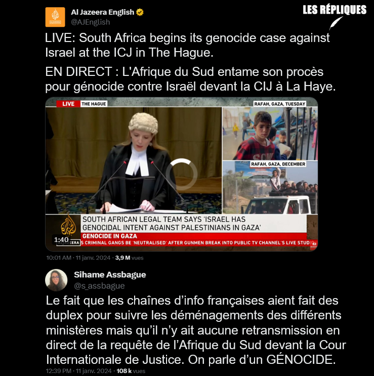 Les_Repliques's tweet photo. Ce matin à La Haye (Pays-Bas), la Cour internationale de justice (CIJ) s'est penchée sur la situation à Gaza. C’est l’Afrique du Sud qui a lancé la procédure au titre de la convention des Nations unies sur les génocides. Les représentants sud-africains estiment qu’Israël commet depuis 3 mois un génocide en Palestine

@s_assbague