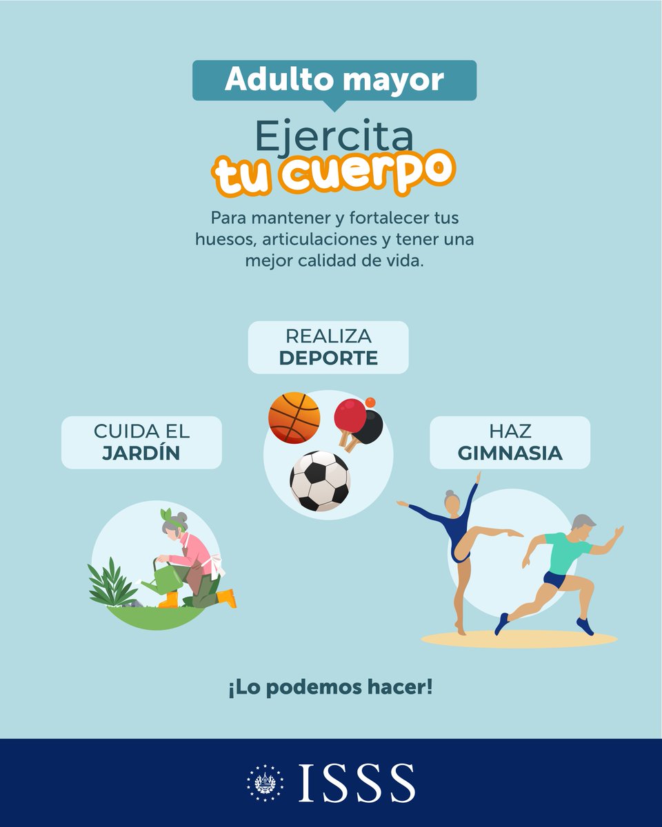 isss_gob_sv's tweet photo. 🏃‍♂️La actividad física en adultos mayores no solo fortalece el cuerpo, sino también brinda vitalidad y bienestar.

Antes de realizar cualquiera de estos ejercicios consulta con tu médico.

¡Activa tu salud y disfruta la vida ❤️!

#MesDelAdultoMayor https://t.co/hIYLDkq4J1
