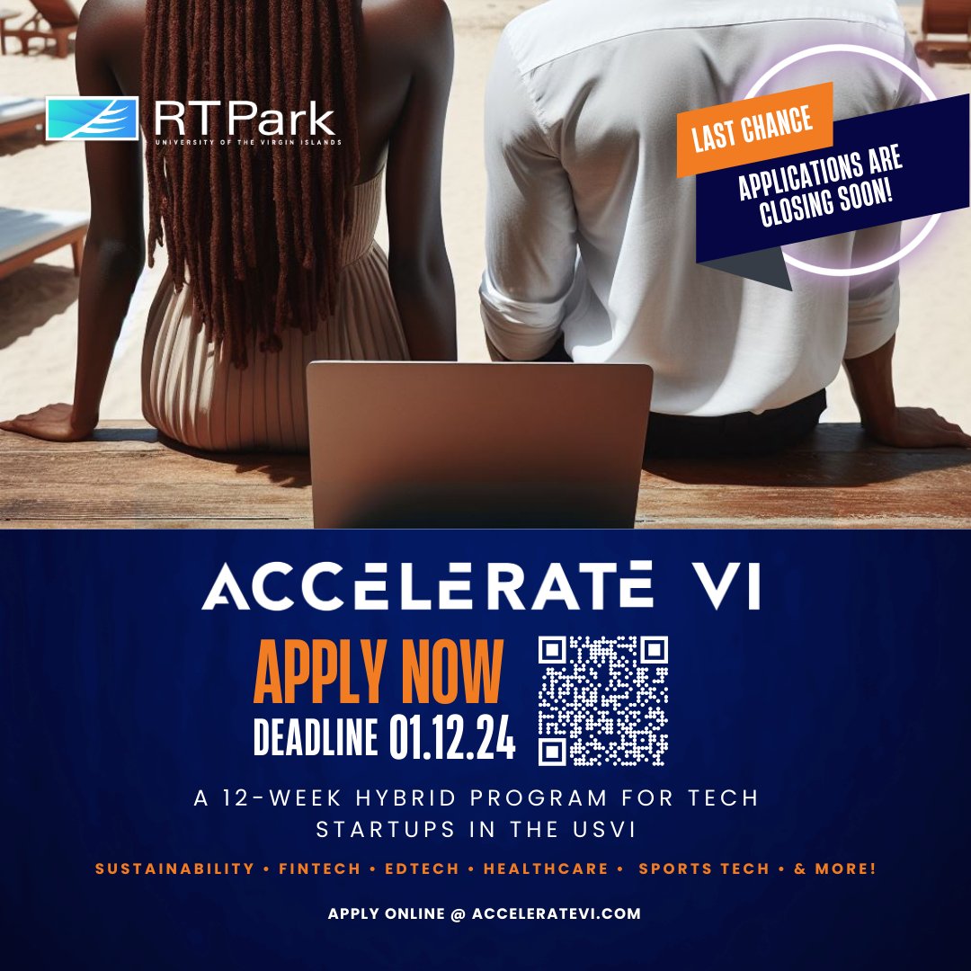 Final Call! 🚀 Applications for the Accelerate VI: Spring 2024 Cohort close TOMORROW (1/12 @ 11:59PM AST). Don't miss the chance to be part of a transformative experience. hubs.ly/Q02dMyrD0 #AccelerateVI #TechInnovation #StartupOpportunity #RTPark