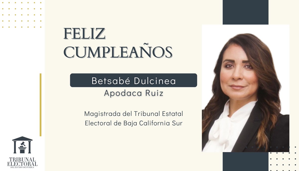 Expresamos nuestras felicitaciones a la mtra. <a href="/ApodacaDulcinea/">Betsabé Dulcinea Apodaca Ruiz</a>, Magistrada del <a href="/TEEBCS/">Tribunal Estatal Electoral BCS</a>. Nuestros mejores deseos en este día especial. 🎂