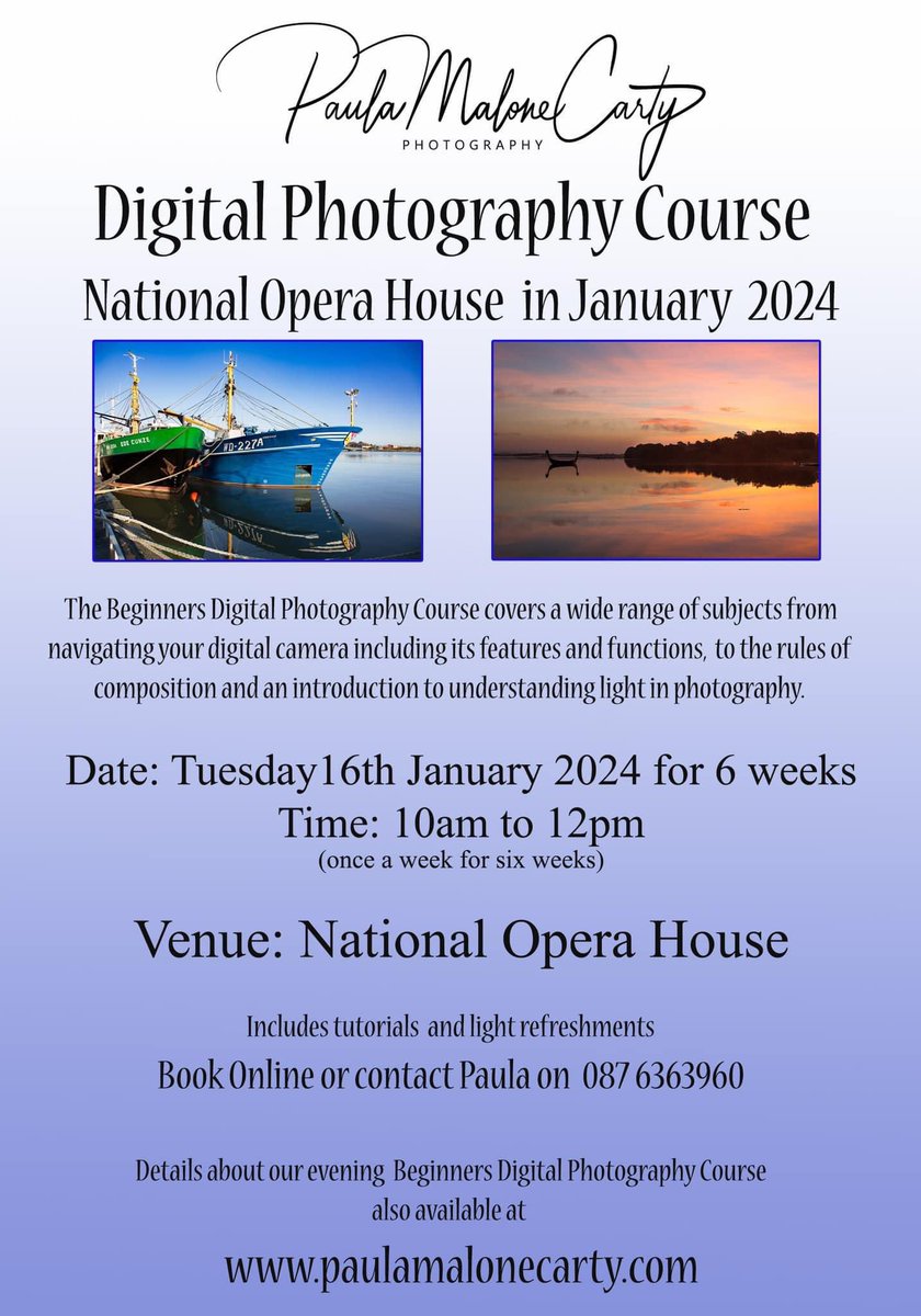 📸 Are you still using your camera on the auto setting? Would you like to learn how to compose your photos better? 📸

1. Six week morning course in the Festival room of the National Opera
For more details &amp; booking 

#menapiaBNI 
#socialmediadepartment 
paulamalonecarty.com/product-catego…