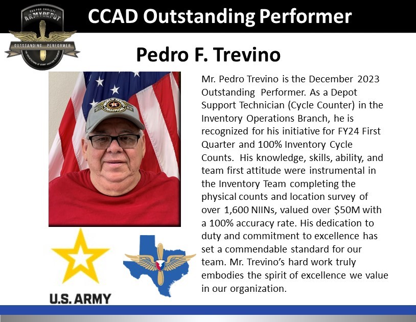 #CCADSalute to Pedro F. Trevino from the Inventory Operations Branch!
#WeAreCCAD #WeKeepTheArmyFlying #CCArmyDepot  #CCADOutstandingPerformer #WinningMatters https://t.co/0YhDMcPdy5
