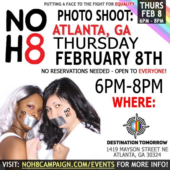 Proudly supporting the #NOH8 campaign in #Atlanta! 📸 Join us for an inclusive photoshoot, no reservations needed. Let's spread love and acceptance together! #LoveIsUniversal 🗓 Thursday, Feb 8th ⏰ 6pm - 8pm 📍 1419 Mayson St. NE Atlanta, GA 30324 🌐 More info @noh8campaign