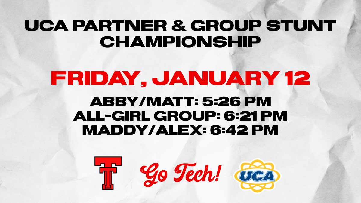 Set your reminders… tomorrow/Friday! 
#UCA Partner &amp; Group Stunt Championship! Times listed are EASTERN. Adjust accordingly. We’ll go LIVE on our instagram (<a href="/ttucheer/">Texas Tech Cheer</a>).