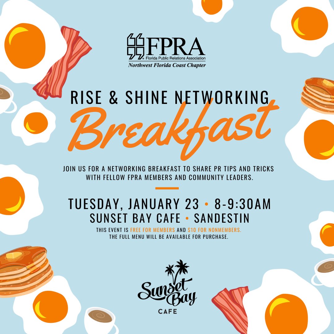 Rise &amp; Shine with us at Sunset Bay Cafe 🥞🍳 Join us for a constructive networking session to share tips and tricks with follow FPRA members and community leaders! 

Register now👉 eventbrite.com/e/rise-shine-n…