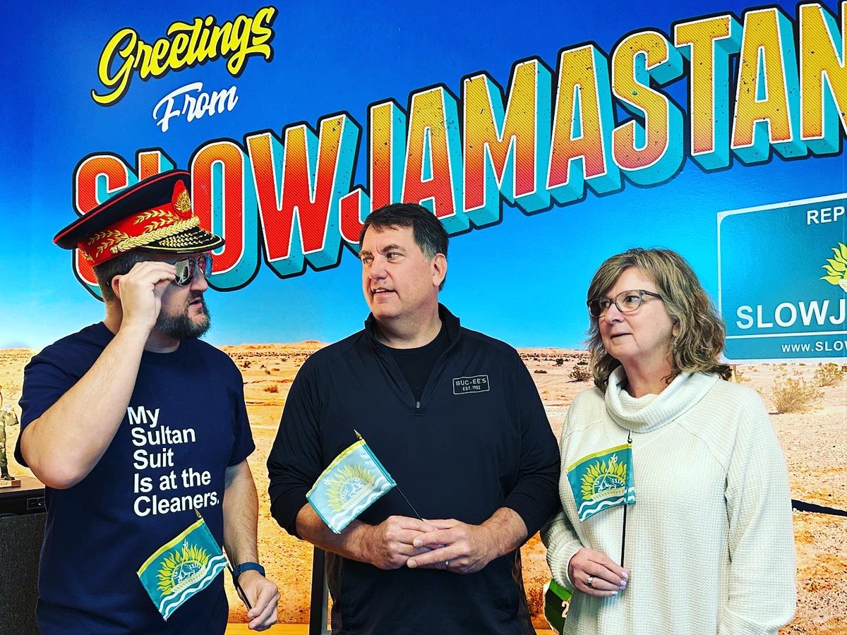 slowjamastan's tweet photo. James, Julie and Bryce visit The Consulate for an honorary passport stamping and a plate of slightly expired Cheese Nips. The Sultan is a gracious host.
#slowjamastan #micronation #micronations #consulate #embassy #sultan #cheesenips @BryceWettstein https://t.co/3PL5eMobWG