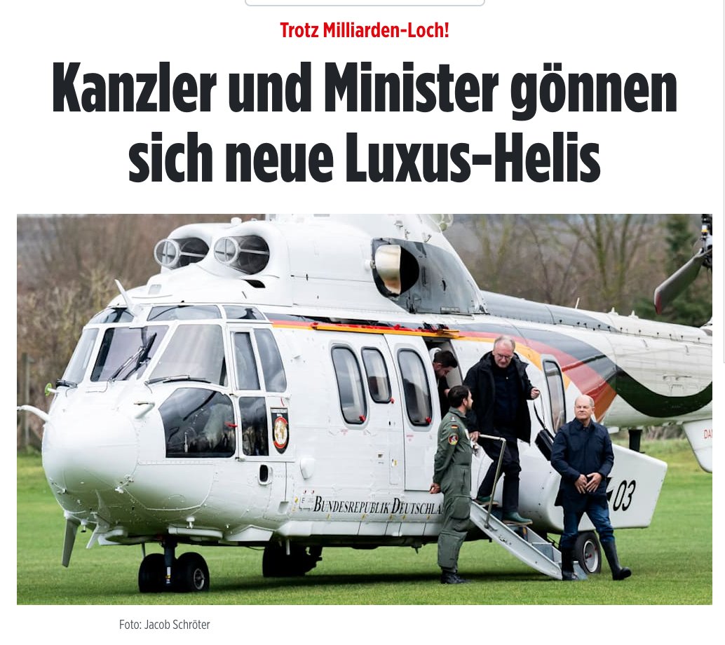 Wofür Deutschland so Geld ausgibt? Z.B. 200 Mio EUR für drei neue VIP-Hubschrauber für Kanzler und Minister. 🤡🥳