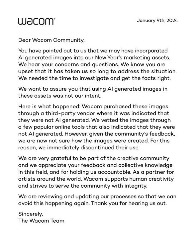 PaintWraith's tweet photo. Wacoms official statement https://t.co/ng4r1EyZP7