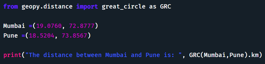 Sachintukumar's tweet photo. It is a simpler alternative to geodesic method but may not be as accurate for very long distances or locations near the poles

 #Geopy library also provides an implementation of great-circle distance calculation through great_circle function https://t.co/zb7UGoROEV