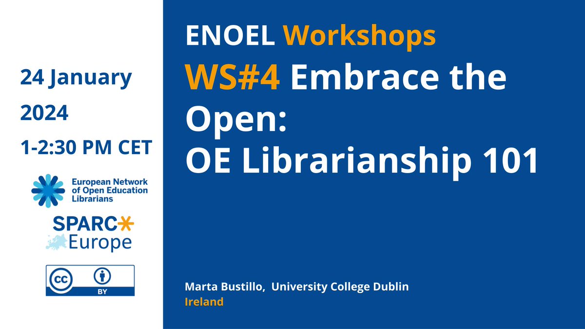 Are you new to Open Education Librarianship? Do you want a colleague to help you move your first steps? Come join @martab_lib in the 4th workshop of the #ENOEL 'Embrace the Open' series. Register here tinyurl.com/ENOELWorkshop4 @SPARC_EU