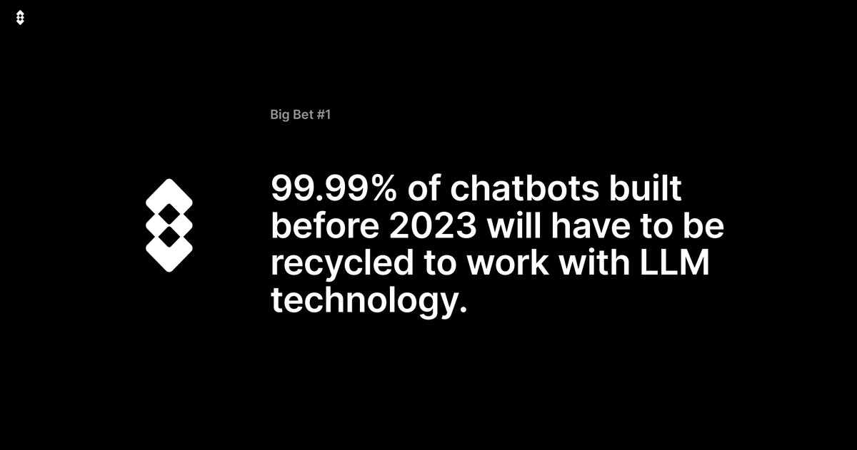 Big Bet #1: 99.99% of chatbots built before 2023 will have to be recycled to work with LLM technology.

The first of our new series on paradigm-shifting AI trends that we deeply believe will shape the future of work (and life). We call them Big Bets.

On this one, we cover the