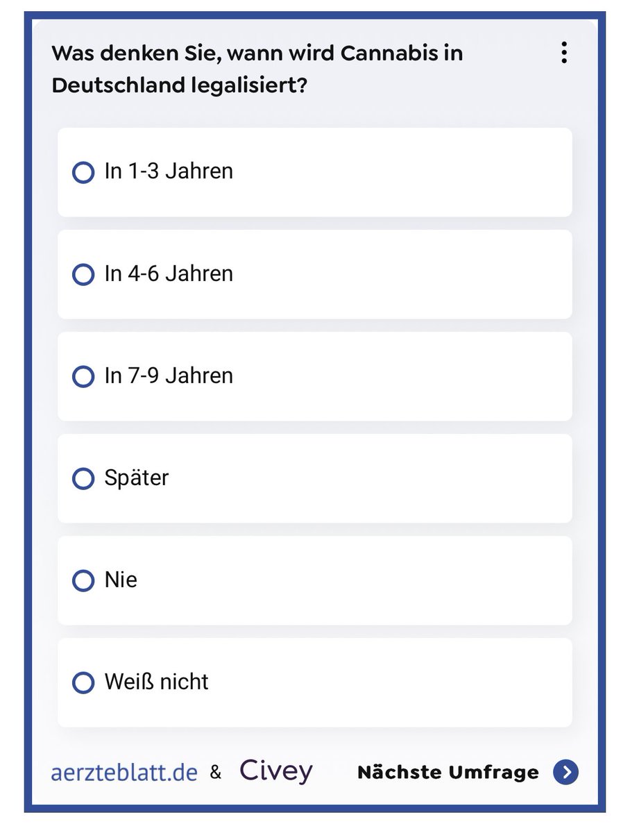 RGRAnwaelte's tweet photo. Was ist das denn bitte für eine Umfrage?
Option 01.04.24 oder „früher“ nicht mal im Programm.

#weedmob https://t.co/34Xfphwz6T