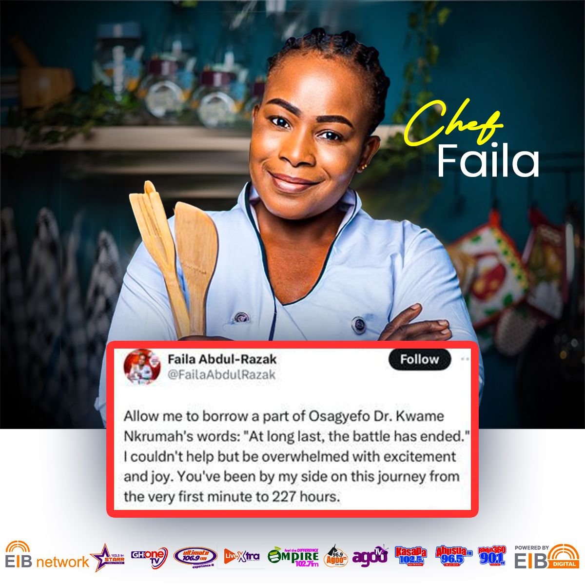 ghonetv's tweet photo. Chef Faila thanks Ghanaians in recent post...
#FAILACOOKATHON #FAILCOOKATHON https://t.co/ixYknMpBDj