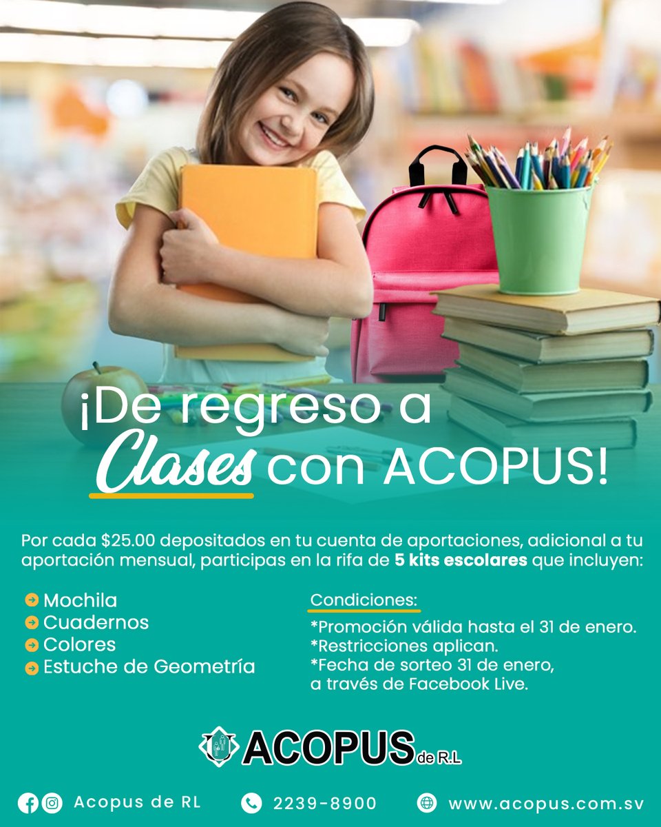 ACOPUSDERL's tweet photo. ¡Es hora de volver a clases! 🤩

Tenemos una super promoción para este regreso a clases 🤯
Por cada $25.00 depositados en tu cuenta de aportaciones, adicional a tu aportación mensual, participas en la rifa de 5 kits escolares.

#ACOPUS #cooperativa #elsalvador #ues https://t.co/oMANcJGeip