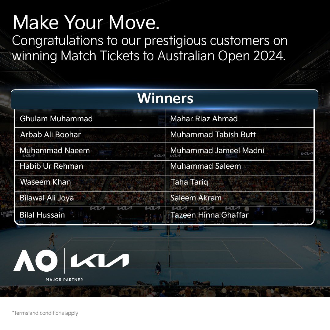 KiaMotorsPK's tweet image. We proudly present the lucky customers who have won the match tickets to the thrilling Australian Open 2024 live. #Kia #MovementThatInspires