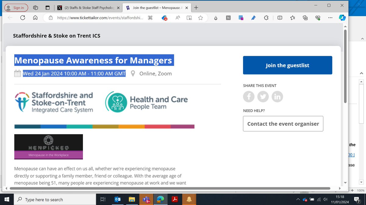 📢 FAO Health & Social Care Managers working in Staffordshire and Stoke. 📢Menopause Awareness for Managers, Wed 24 Jan 2024, 10-11am. Join the guestlist at: tickettailor.com/events/staffor…