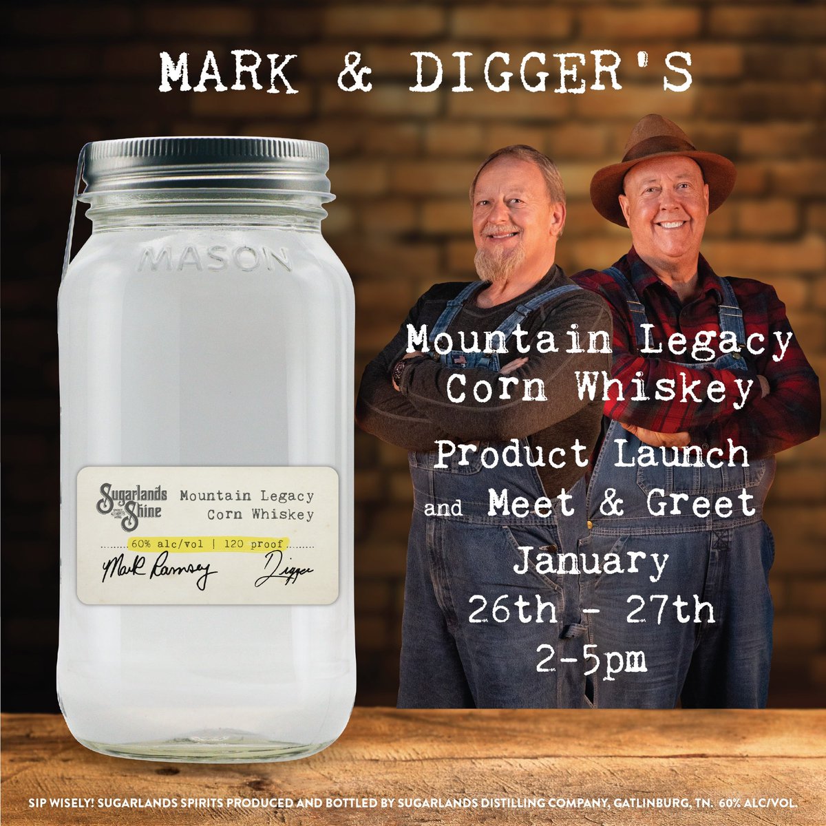 Introducing Mark &amp; Digger’s Mountain Legacy Corn Whiskey!

This 120 proof unaged corn whiskey is made from a tried and true backwoods liquor recipe! 

Get for the 1st time on Jan. 26. &amp; meet Mark &amp; Digger at our Gatlinburg Distillery! 

facebook.com/events/2459418…