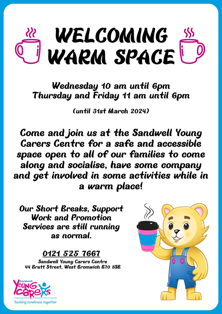 We are pleased to announce that our Family Centre is now available as a welcoming warm space between Wednesday and Friday! See details below. Please share this information with anyone who you feel would benefit. Thanks!😀