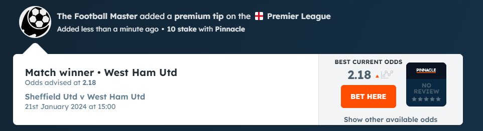 T_Foot_Master's tweet image. "Thursday's Bet of The Day "        
21 January / English Premier League
Sheffield Utd vs West Ham Utd 
West Ham Utd to win @ 2.18 @Pinnacle

#FreePick #BOTD like retweet