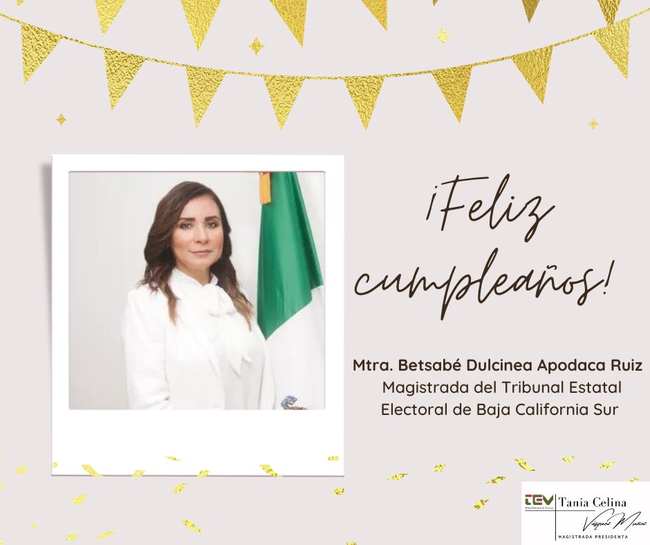 Felicito a la Mtra. Betsabé Dulcinea Apodaca Ruiz <a href="/ApodacaDulcinea/">Betsabé Dulcinea Apodaca Ruiz</a>, Magistrada del <a href="/TEEBCS/">Tribunal Estatal Electoral BCS</a>, con motivo de su cumpleaños.

¡Mis mejores deseos en este día tan especial!
