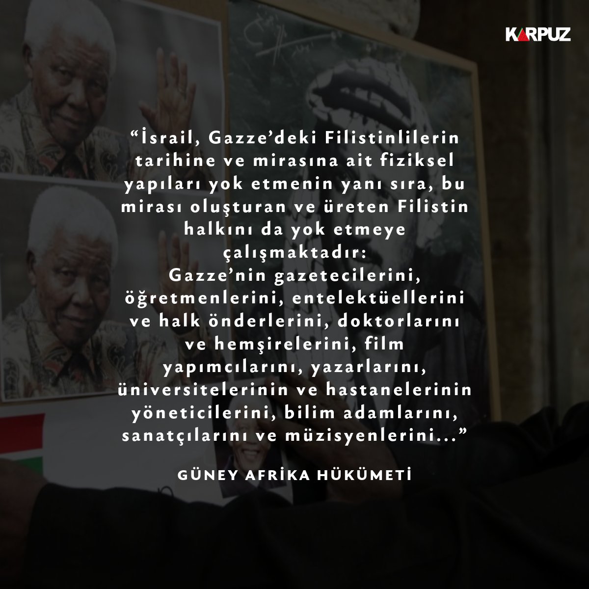 Güney Afrika hükümetinin Uluslararası Adalet Divanı'nda açtığı dava bugün görülmeye başlandı. İsrail'i soykırım suçlamasıyla sanık sandalyesine oturan başvuru dosyasının önemli bir bölümüne Türkçe olarak sitemizden ulaşabilirsiniz: karpuzcevirdegi.com/guney-afrikada…