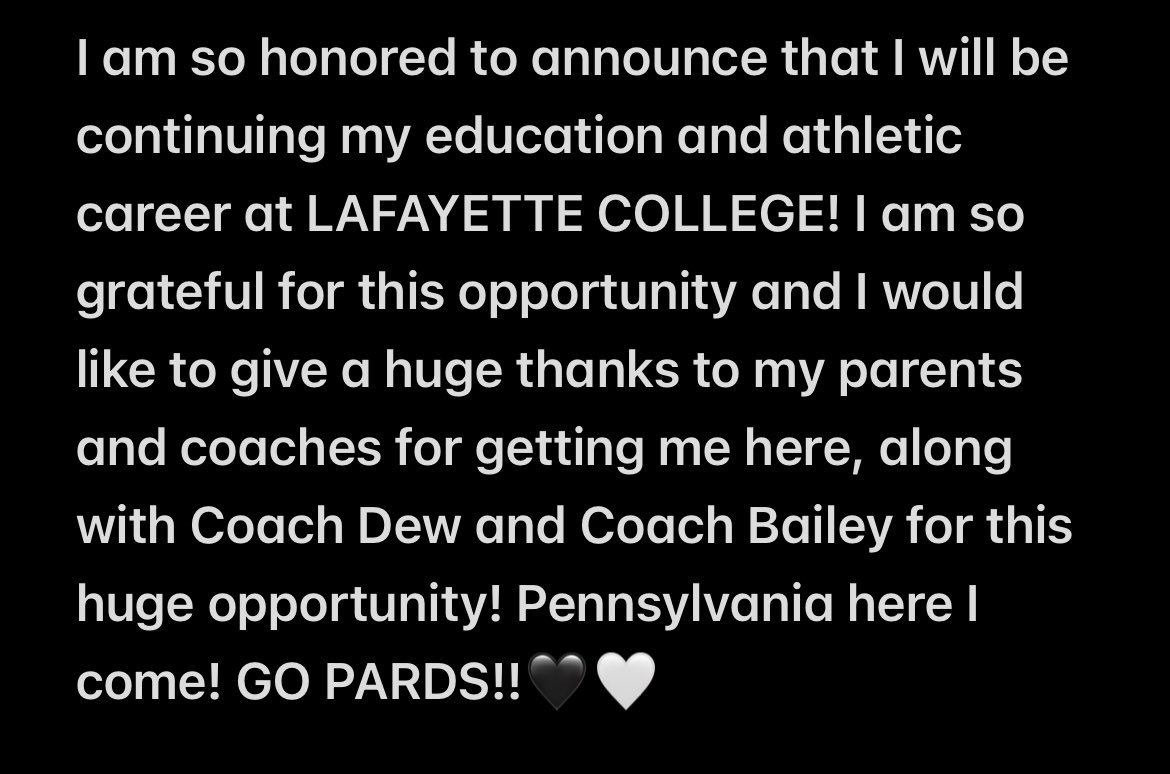 So honored to announce my commitment to LAFAYETTE COLLEGE!! GO PARDS🖤🤍!! #RollPards @_CoachDew @CoachB22_ @KcJackson00 @IG_Jackson16U
