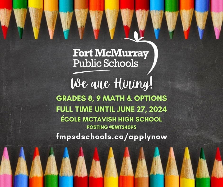 Full time teaching position at École McTavish School. Available immediately for the remainder of the school year with opportunities for next year. Strong compensation package, monthly cost of living allowance. For more info and to apply: fmpsdschools.ca/applynow @FMPSD