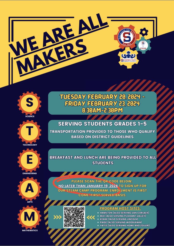 SCSchools's tweet photo. ✍🏽  STEAM Camp signups for grades 1-5 during February recess, 2/20-23
🔗https://t.co/fEYfOwQIUp

🗓 Sign up by Jan 19
The camp will run from 8:30 - 2:30 Breakfast and lunch will be served. https://t.co/9YuXjaIvFn