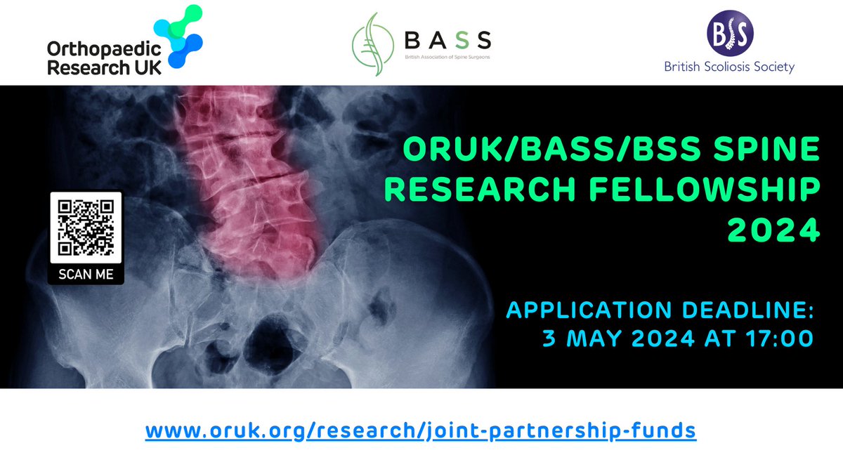 Orthopaedic Research UK (@or_uk) on Twitter photo We’re pleased to announce applications are open for our spine research fellowship with <a href="/BASSspine/">British Association of Spine Surgeons</a> & <a href="/BritScoliosis/">British Scoliosis Society</a>. The fully funded fellowship is worth up to £70,000.
Apply by 3 May 2024 via: bit.ly/orukjpf
#MSKmatters #InvestingInOurFutureMovement We’re pleased to announce applications are open for our spine research fellowship with <a href="/BASSspine/">British Association of Spine Surgeons</a> & <a href="/BritScoliosis/">British Scoliosis Society</a>. The fully funded fellowship is worth up to £70,000.
Apply by 3 May 2024 via: bit.ly/orukjpf
#MSKmatters #InvestingInOurFutureMovement
