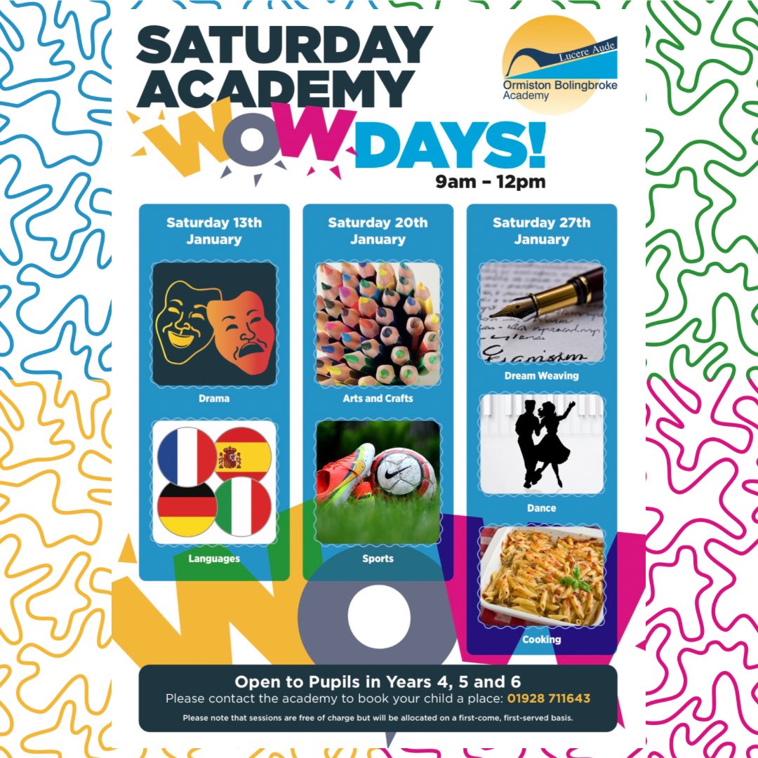 OBAcademy's tweet photo. Saturday Academy WOW days
Open to children in Years 4, 5 and 6!
The following dates are now available to be booked contact the academy to book your child a place: 01928 711643
Please note the sessions are free of charge but will be allocated on a first come, first served basis. https://t.co/GiKhYXMA8d