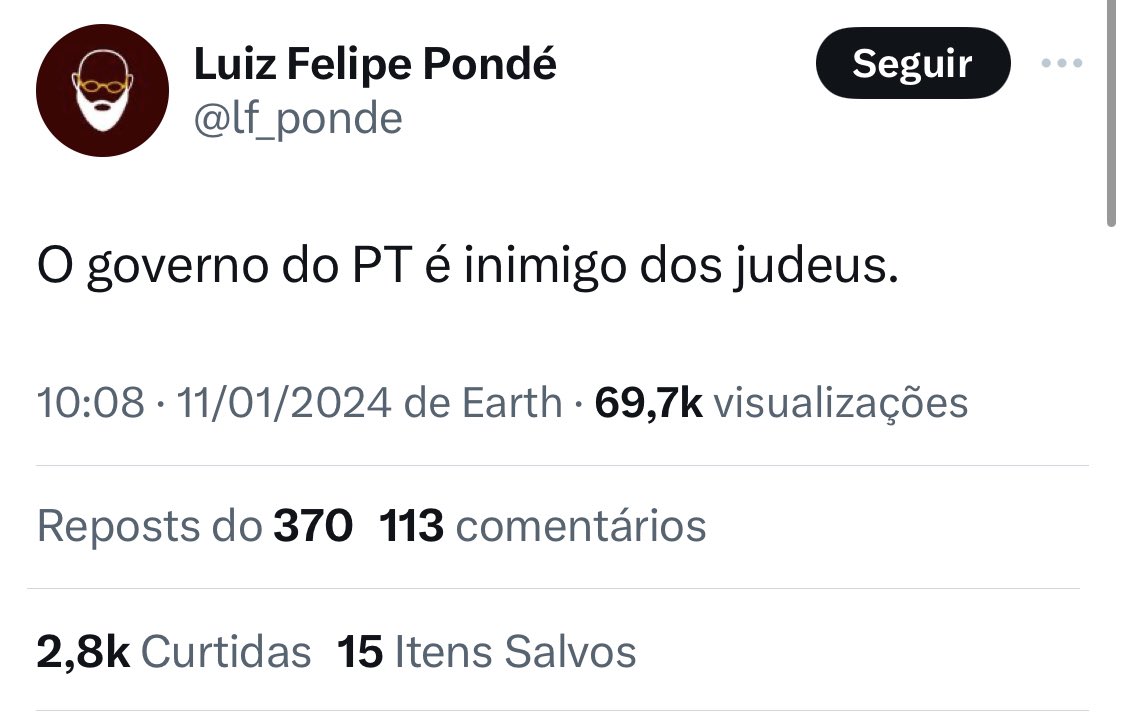 Esse tipo de discurso é inaceitável. Conselheiro Acadêmico do programa de bolsas da Stand With Us no Brasil, Luiz Felipe Pondé passou de todos os limites com essa postagem. Essa retórica leviana e difamatória atiça contra os judeus e radicaliza o sectarismo.