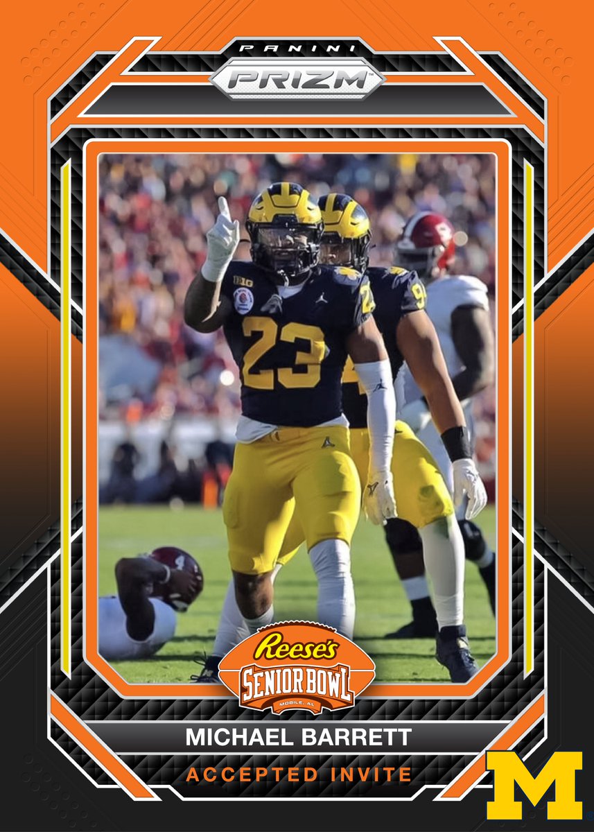 OFFICIAL! LB Michael Barrett @mikebarrett_MB1 from @UMichFootball has accepted his invitation to the 2024 Reese's Senior Bowl! #GoBlue #TheDraftStartsInMOBILE™️ @JimNagy_SB @PaniniAmerica #RatedRookie