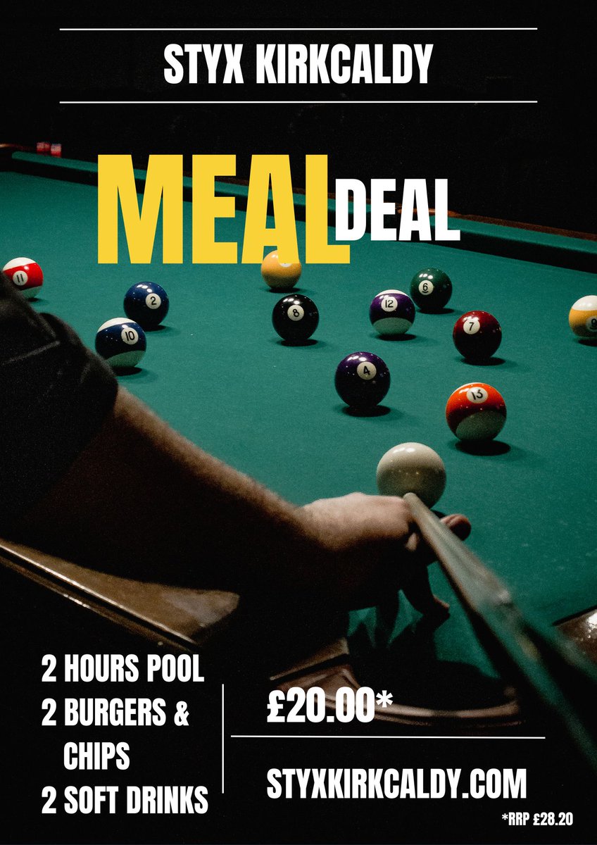 We have the perfect reason for you to visit us today!

2 Hours Pool
2 Burgers &amp; Chips
2 Soft Drinks - £20

Book in advance by calling us or heading on over to our website.
01592 265483
styxkirkcaldy.com/table-hire
Styx Kirkcaldy, Always giving you more