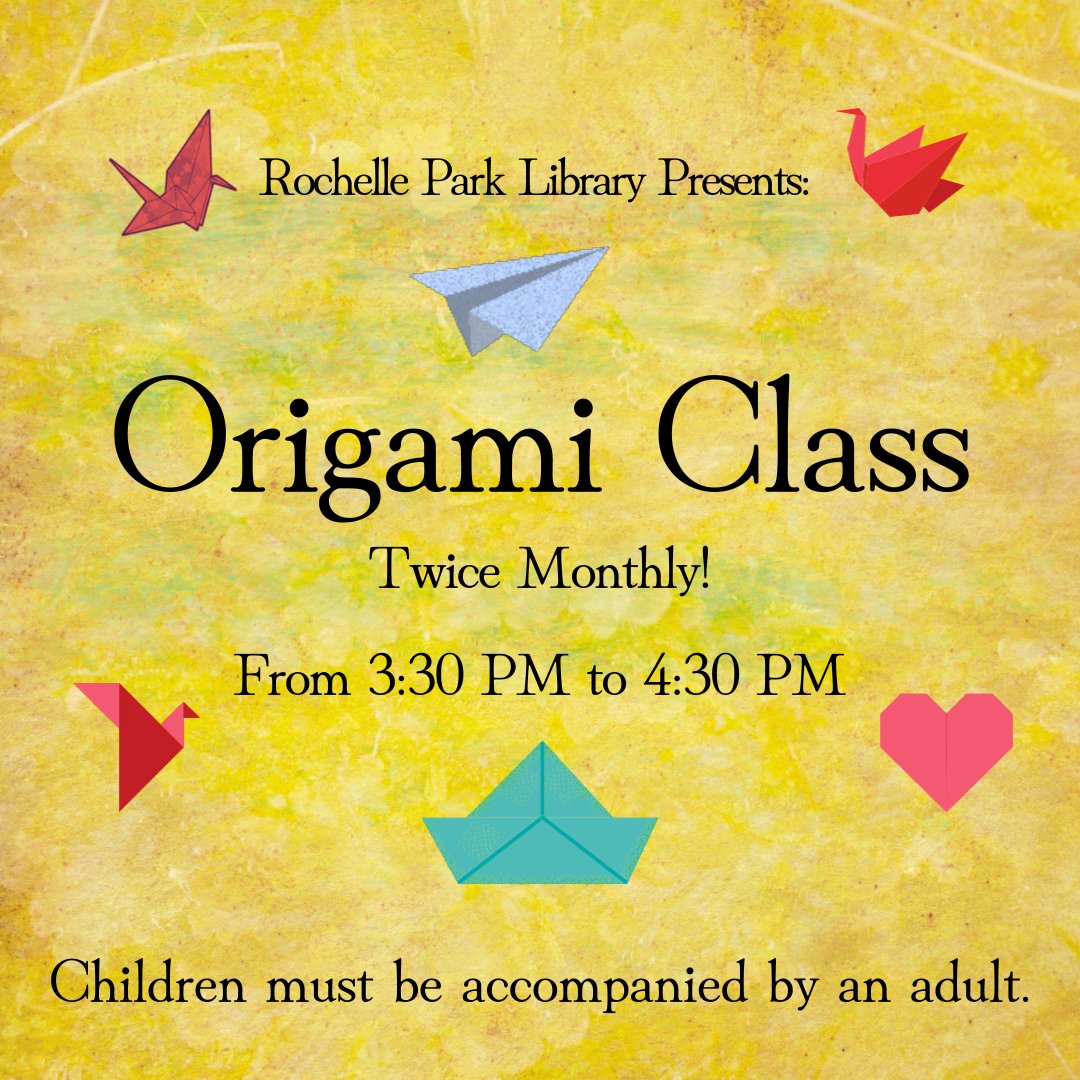 Bi-Weekly Origami Class! - Friday,
January 12 and 26 from 3:30 PM to 4:30 PM

This event will take place at the library.

For more information, please contact us.

#origami #origamiclass #beginnersorigami
#Libraryorigami #Libraryprogram #Libraryevents
#Libraryfun #Library