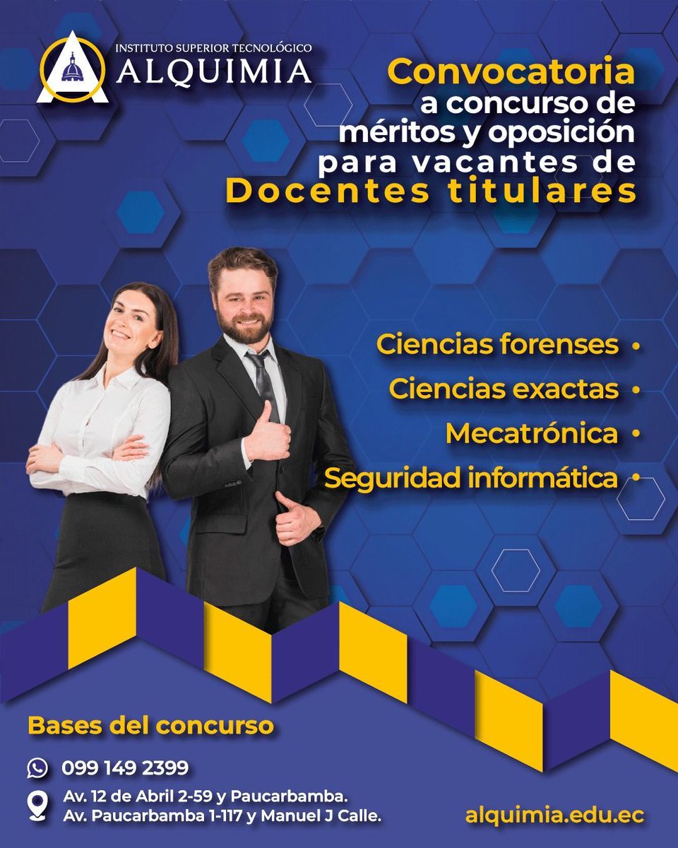 AlquimiaInstit1's tweet photo. Convocatoria a Concurso de Méritos y Oposición para Docentes Titulares
Buscamos profesionales en Ciencias Forenses, Mecatrónica, Ciencias Exactas y Seguridad Informática. 
📍 Recuerda que la recepción de hojas de vida y más se realizará desde el 12 hasta el 22 de enero de 2024 https://t.co/WgG3iUpKxd