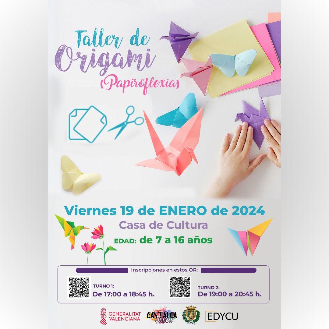 ✅ La Concejalía de Juventud del Ayuntamiento de #Castalla organiza para este mes de enero un taller de origami y papiroflexia ✂️📄.

Turno 1️⃣, de 17.00 a 18.45 horas forms.gle/3tx6Dd1BkmFg1g…
Turno 2️⃣, de 19.00 a 25.45 horas forms.gle/vJGsqwFUJ5BsRF…