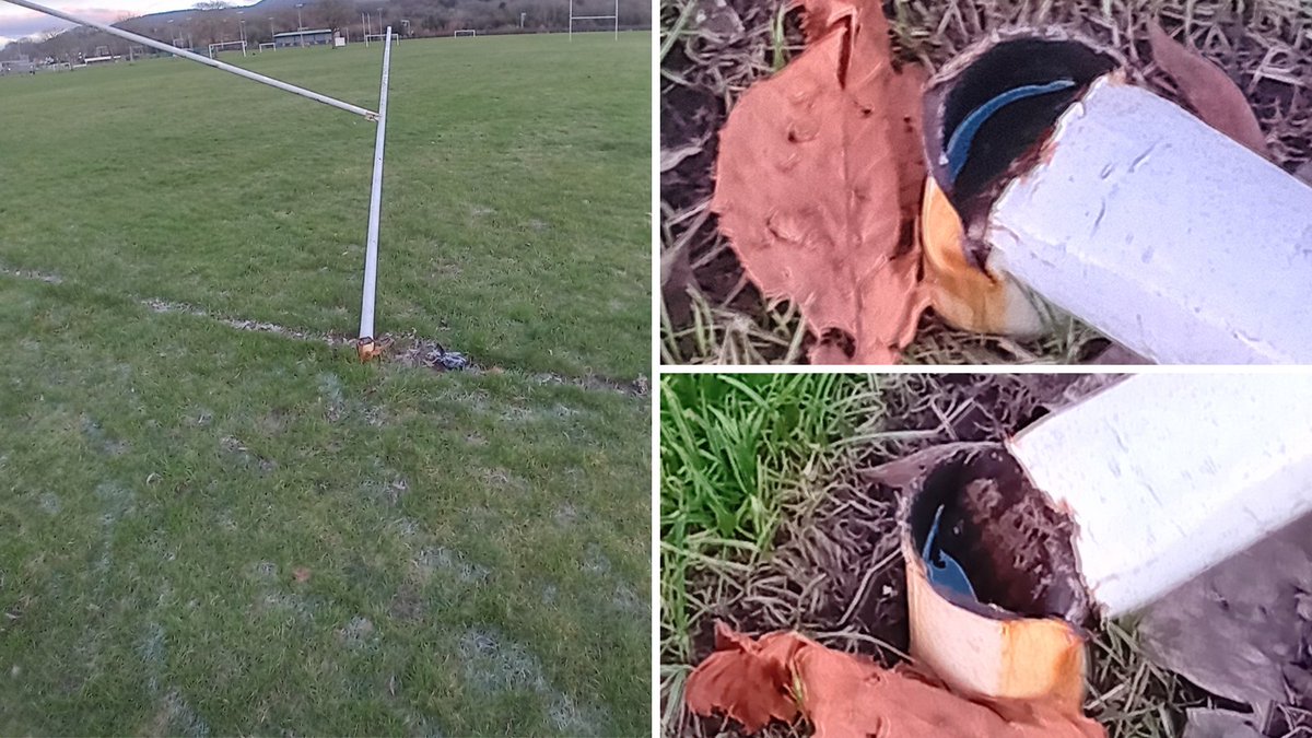 RCTCouncil's tweet photo. ❗MINDLESS VANDALISM AGAIN at The Ynys, Aberdare ❗
 
This is the FOURTH time posts have been completely broken. 😡 

The pitch cannot be used by clubs until repairs have been made. 
 
If you have any info, please call the police on 101 📞 https://t.co/W4dfKm5fnS